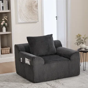Fauteuil van corduroystof met beugel, zijzakken en kussens – Donkergrijs Fauteuil van corduroystof met beugel, zijzakken en kussens – Donkergrijs