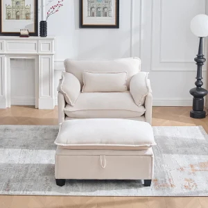 Fauteuil met opbergruimte voetenbank en kussen – Chenille stof – Beige Fauteuil met opbergruimte voetenbank en kussen – Chenille stof – Beige