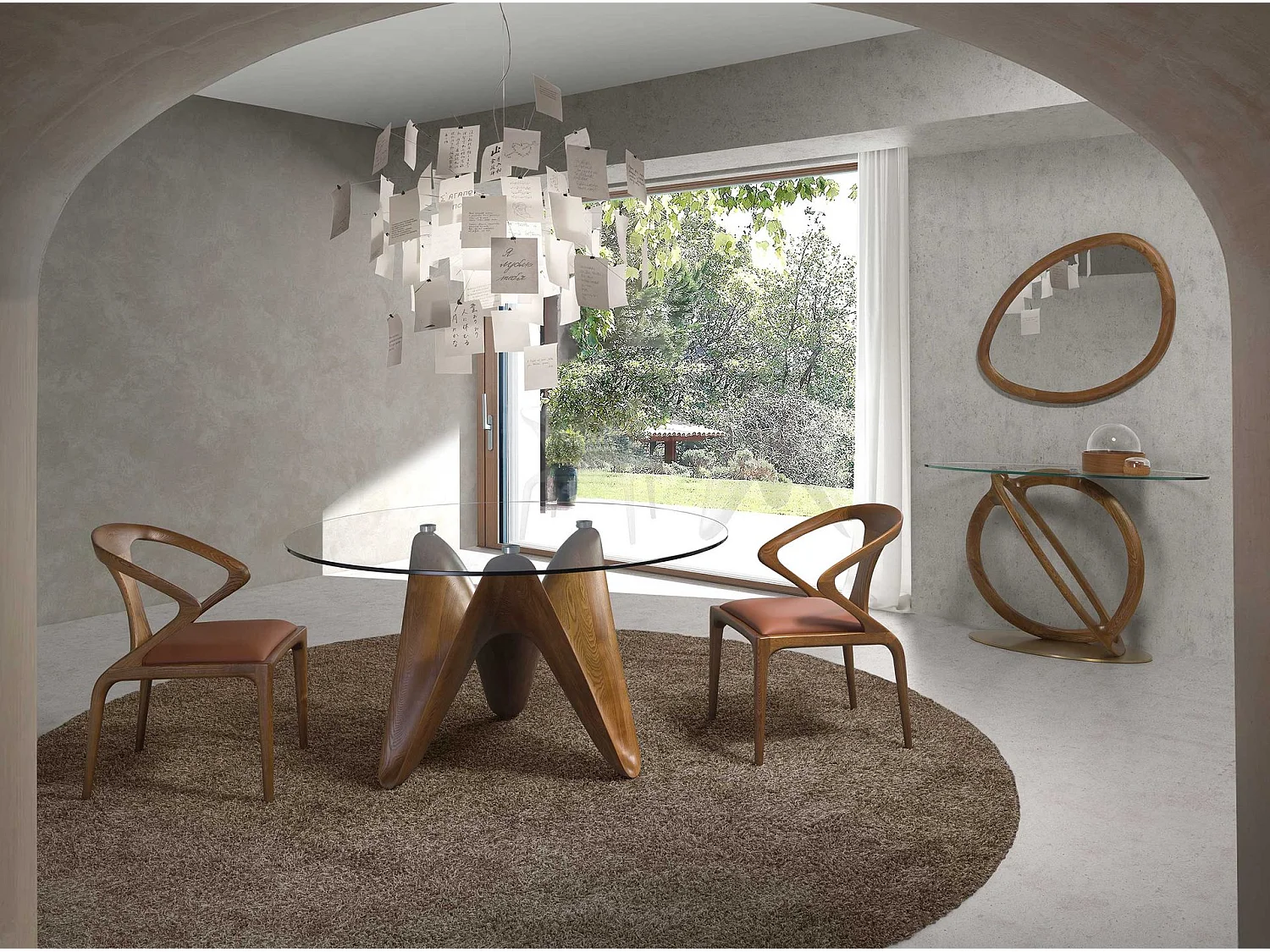 Eettafel rond gehard glas en walnootkleurig hout 1126-Ø150 ANGEL CERDA