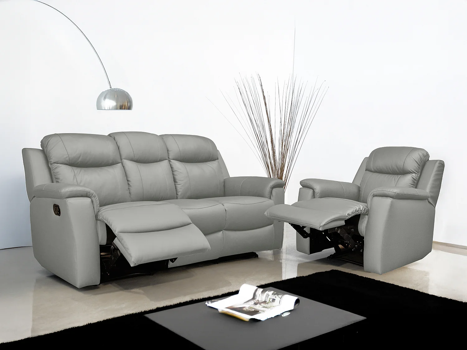Driezits relaxbank en relaxfauteuil EVASION van leer - Licht grijs