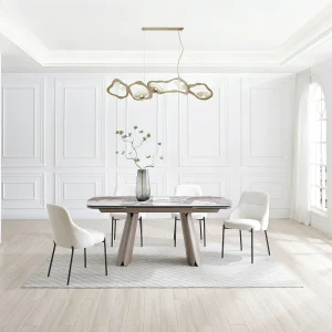 Uitschuifbare eettafel voor 6 tot 10 personen van keramiek, gehard glas en bronzen metaal – Wit en grijs marmereffect – FARUDI van Maison Céphy Uitschuifbare eettafel voor 6 tot 10 personen van keramiek, gehard glas en bronzen metaal – Wit en grijs marmereffect – FARUDI van Maison Céphy