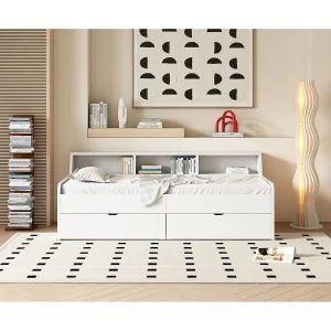 Eenpersoons slaapbank 90 x 200 cm met 2 lades – Dennenhout en MDF – Wit Eenpersoons slaapbank 90 x 200 cm met 2 lades – Dennenhout en MDF – Wit