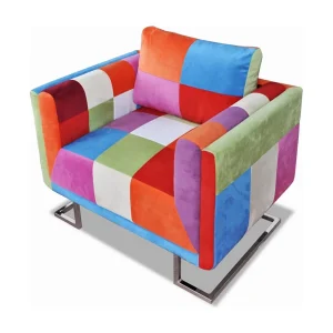 Fauteuil met patchwork ontwerp en verchroomde poten kubus stof Fauteuil met patchwork ontwerp en verchroomde poten kubus stof