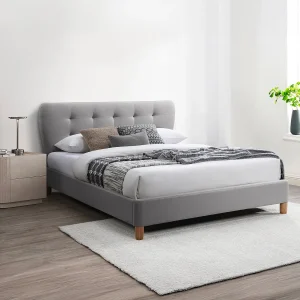 Bed 140 x 190 cm met gecapitonneerd hoofdbord stof grijs – ELIDE