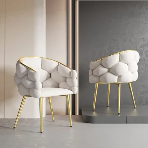 Fluwelen eetkamerstoel, gouden metalen poten – beige