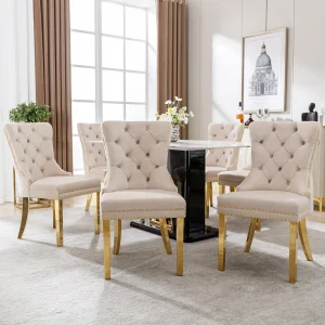 Fluwelen eetkamerstoel, gouden metalen poten – beige