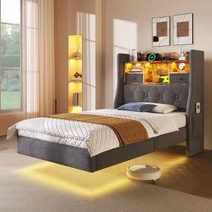 Eenpersoonsbed 90 x 200 cm – Kinderbed met 2 zijvakken en 2 lades – grijs linnen – matras niet inbegrepen Eenpersoonsbed 90 x 200 cm – Kinderbed met 2 zijvakken en 2 lades – grijs linnen – matras niet inbegrepen