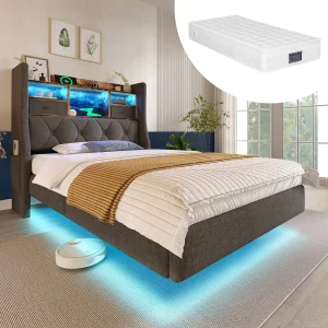 Eenpersoonsbed 90 x 200 cm – Kinderbed met 2 zijvakken en 2 lades – grijs linnen – inclusief matras Eenpersoonsbed 90 x 200 cm – Kinderbed met 2 zijvakken en 2 lades – grijs linnen – inclusief matras
