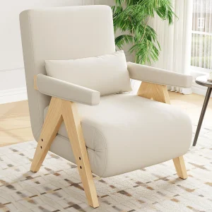 Fauteuil 64×68,5×93 cm – 3-in-1 ombouwbaar – gestoffeerd – linnen – beige + naturel Fauteuil 64×68,5×93 cm – 3-in-1 ombouwbaar – gestoffeerd – linnen – beige + naturel