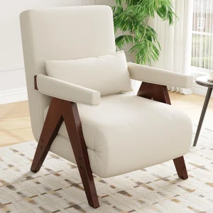 Fauteuil 64×68,5×93 cm – 3-in-1 ombouwbaar – gestoffeerd – linnen – beige + bruin Fauteuil 64×68,5×93 cm – 3-in-1 ombouwbaar – gestoffeerd – linnen – beige + bruin