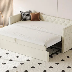Fluweel gestoffeerd onderschuifbed – 90/180×200 cm – met lattenbodem – Beige Fluweel gestoffeerd onderschuifbed – 90/180×200 cm – met lattenbodem – Beige
