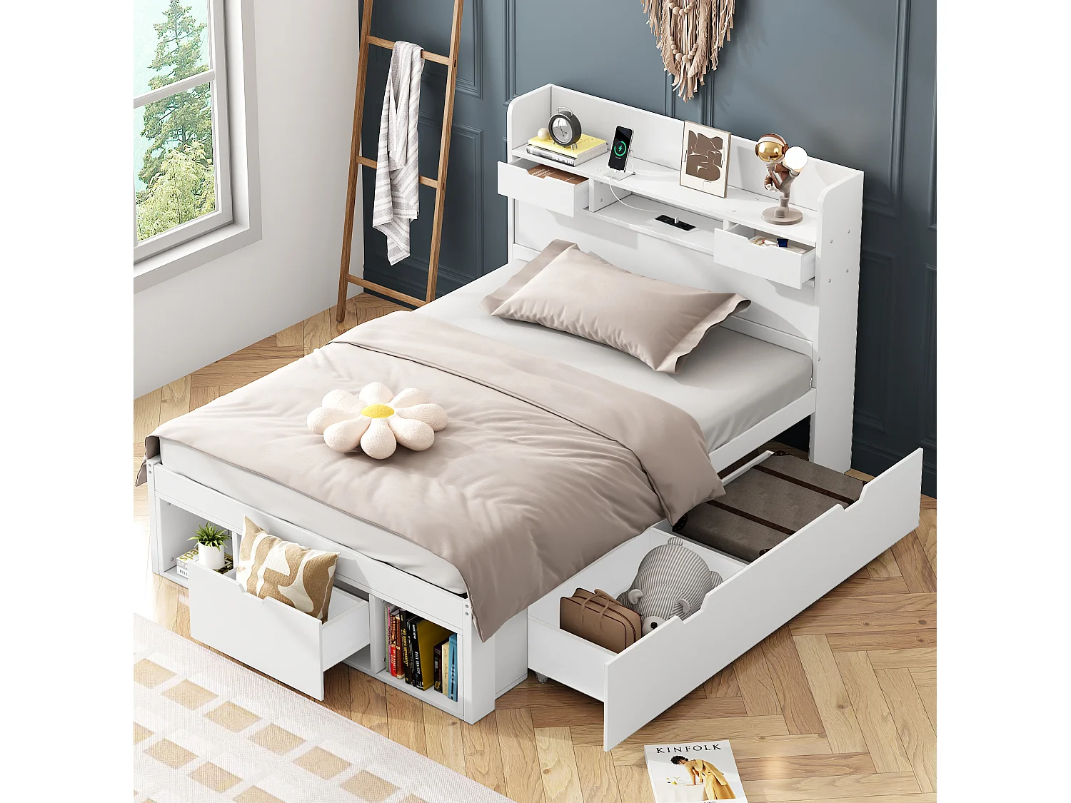 Eenpersoonsbed met opbergruimte voor kinderen - 90 x 200 cm - met USB-aansluiting + lades + opbergkast - hout - wit