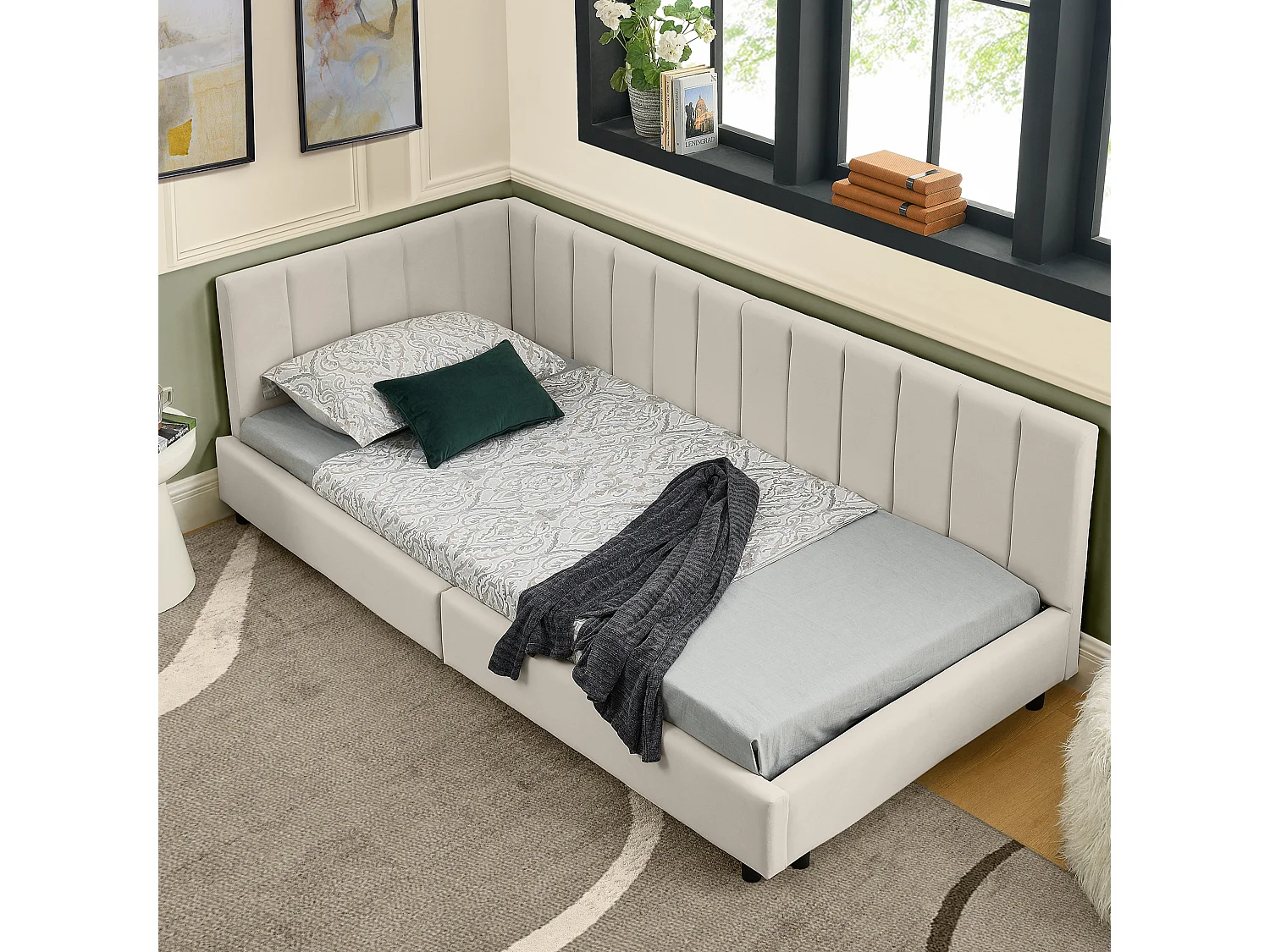 Eenpersoonsbed 90×200 cm in zacht fluweel, kinderbed met hoge rugleuning, ideaal voor een kinderkamer of klein appartement – Beige