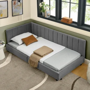 Eenpersoonsbed 90×200 cm in zacht fluweel, kinderbed met hoge rugleuning, ideaal voor een kinderkamer, logeerkamer of klein appartement – Donkergrijs Eenpersoonsbed 90×200 cm in zacht fluweel, kinderbed met hoge rugleuning, ideaal voor een kinderkamer, logeerkamer of klein appartement – Donkergrijs