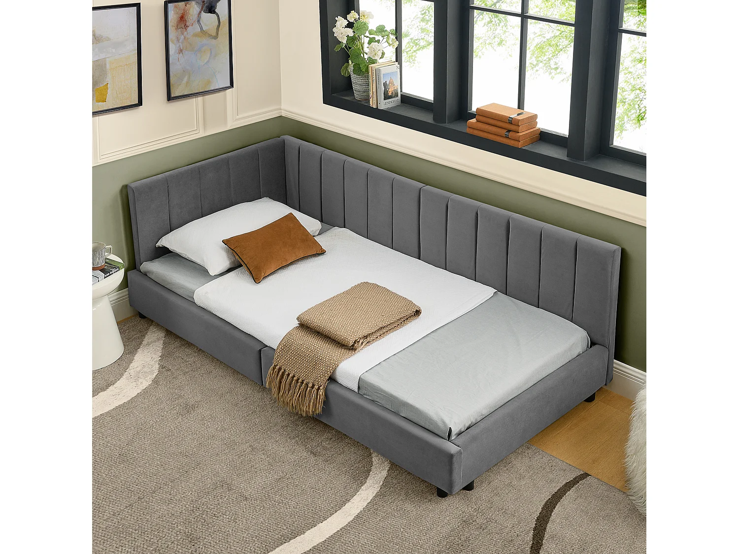 Eenpersoonsbed 90×200 cm in zacht fluweel, kinderbed met hoge rugleuning, ideaal voor een kinderkamer, logeerkamer of klein appartement – Donkergrijs