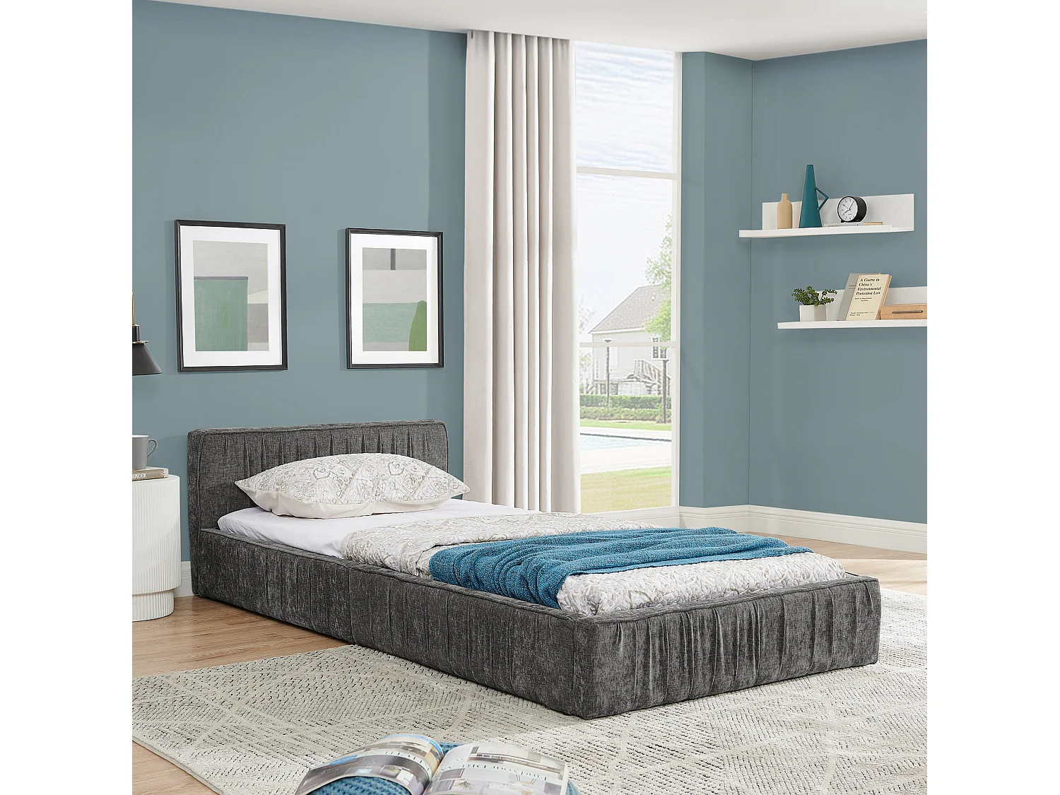 Eenpersoonsbed 90×200 cm voor kinderen, in zachte chenille, met een milieuvriendelijk eucalyptus- en metalen frame, eenvoudige montage – Donkergrijs