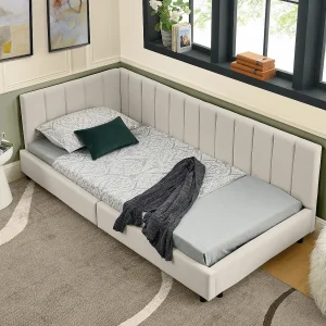Eenpersoonsbed 90×200 cm in zacht fluweel, kinderbed met hoge rugleuning, ideaal voor een kinderkamer of klein appartement – Beige
