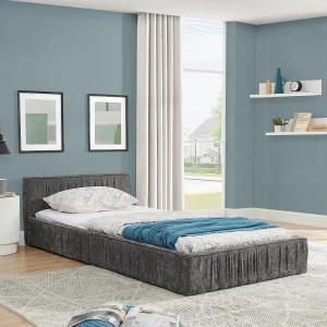 Eenpersoonsbed 90×200 cm voor kinderen, in zachte chenille, met een milieuvriendelijk eucalyptus- en metalen frame, eenvoudige montage – Donkergrijs Eenpersoonsbed 90×200 cm voor kinderen, in zachte chenille, met een milieuvriendelijk eucalyptus- en metalen frame, eenvoudige montage – Donkergrijs
