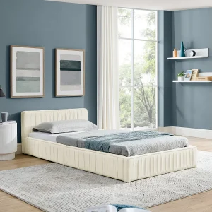Eenpersoonsbed 90×200 cm voor kinderen, gemaakt van zacht chenille, met een milieuvriendelijk eucalyptus- en metalen frame, eenvoudige montage – Beige Eenpersoonsbed 90×200 cm voor kinderen, gemaakt van zacht chenille, met een milieuvriendelijk eucalyptus- en metalen frame, eenvoudige montage – Beige