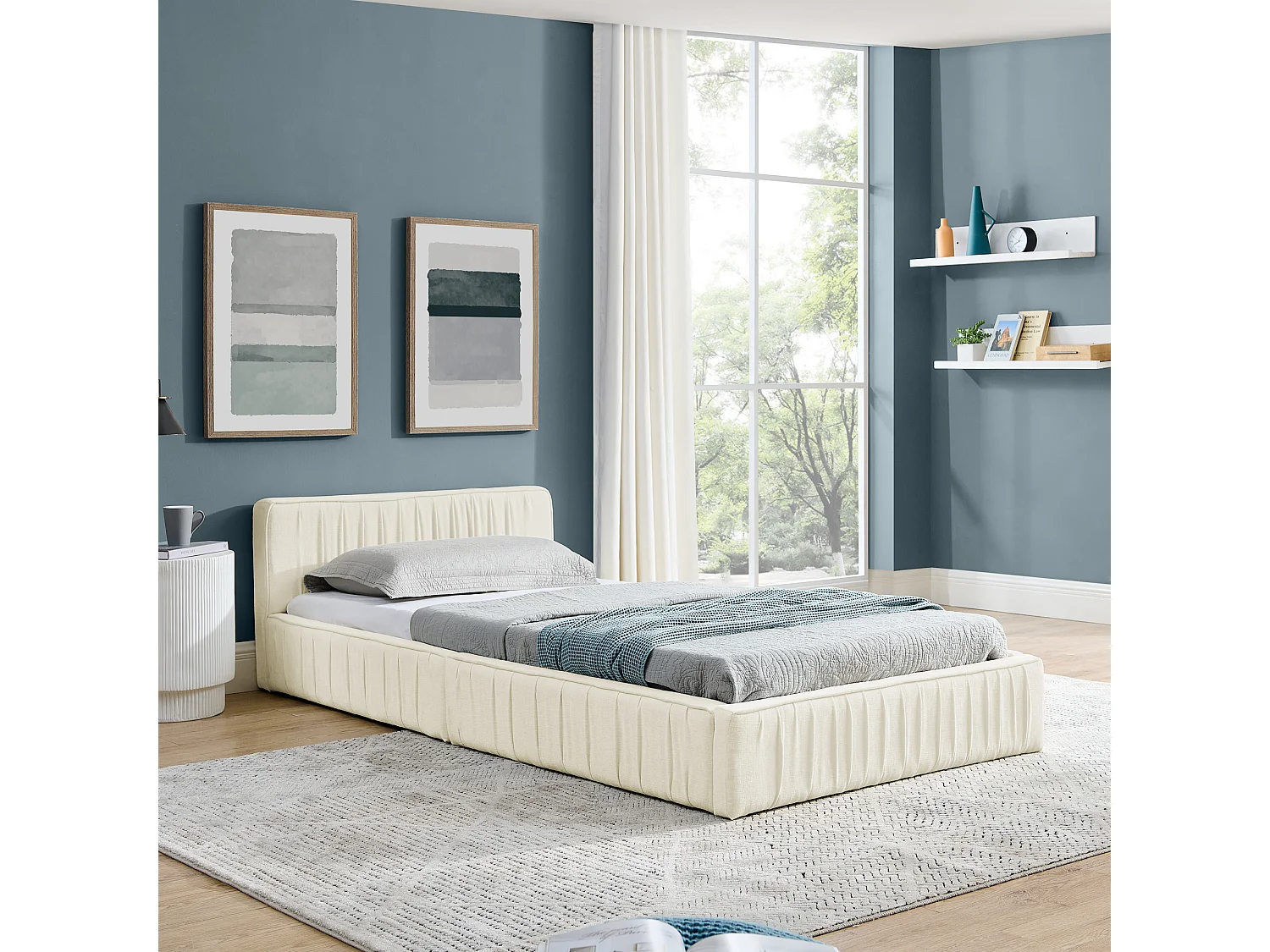 Eenpersoonsbed 90×200 cm voor kinderen, gemaakt van zacht chenille, met een milieuvriendelijk eucalyptus- en metalen frame, eenvoudige montage – Beige