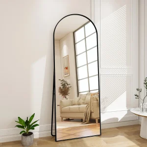 Gebogen vrijstaande spiegel 177 x 77 cm – frame van aluminiumlegering – gehard glas – groot formaat – zwart Gebogen vrijstaande spiegel 177 x 77 cm – frame van aluminiumlegering – gehard glas – groot formaat – zwart
