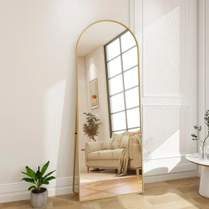 Gebogen vrijstaande spiegel 177 x 77 cm – frame van aluminiumlegering – gehard glas – groot formaat – goud Gebogen vrijstaande spiegel 177 x 77 cm – frame van aluminiumlegering – gehard glas – groot formaat – goud