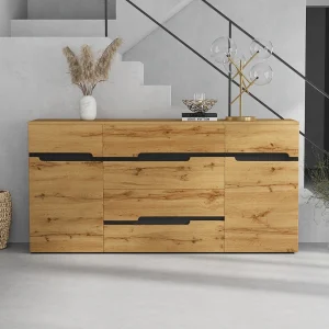 Dressoir voor de woonkamer – 160 x 40 x 80 cm – met 2 deuren + 4 lades – spaanplaat – zwart + naturel