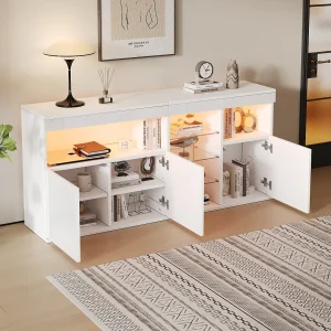 Dressoir met hoogglanslak – 155,5 x 35 x 72 cm – met LED-verlichting + 3 deuren + 3 vakken met glazen fronten – spaanplaat – wit Dressoir met hoogglanslak – 155,5 x 35 x 72 cm – met LED-verlichting + 3 deuren + 3 vakken met glazen fronten – spaanplaat – wit