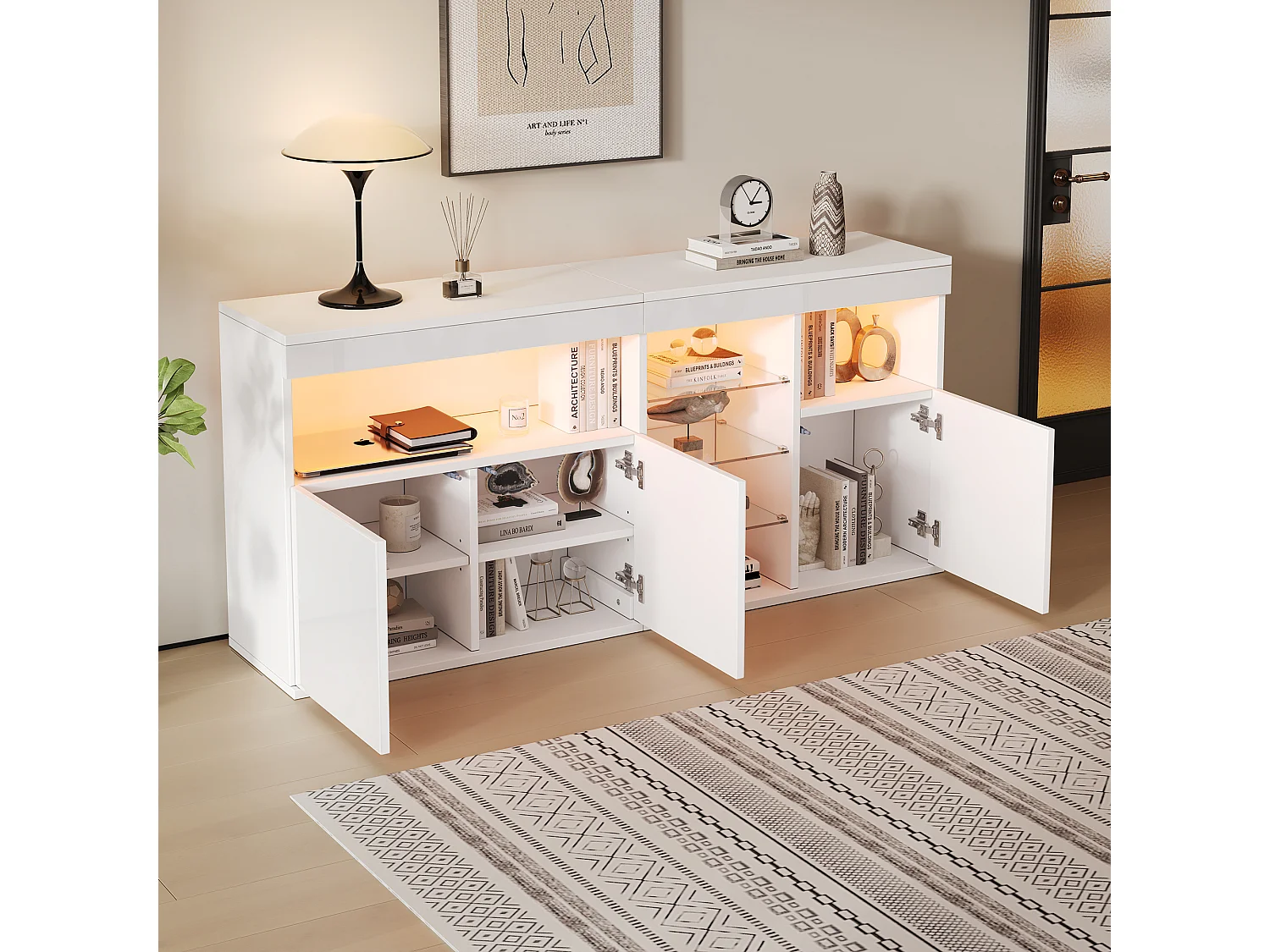 Dressoir met hoogglanslak - 155,5 x 35 x 72 cm - met LED-verlichting + 3 deuren + 3 vakken met glazen fronten - spaanplaat - wit