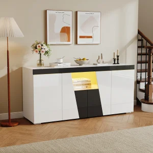 Dressoir voor de woonkamer – 140 x 40 x 65 cm – met 4 deuren + LED-verlichting – spaanplaat – wit