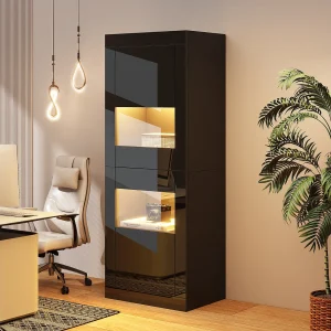 Gelakte vitrinekast met LED-verlichting + 1 glazen plank + deur – 61 x 42 x 162 cm – spaanplaat – zwart Gelakte vitrinekast met LED-verlichting + 1 glazen plank + deur – 61 x 42 x 162 cm – spaanplaat – zwart