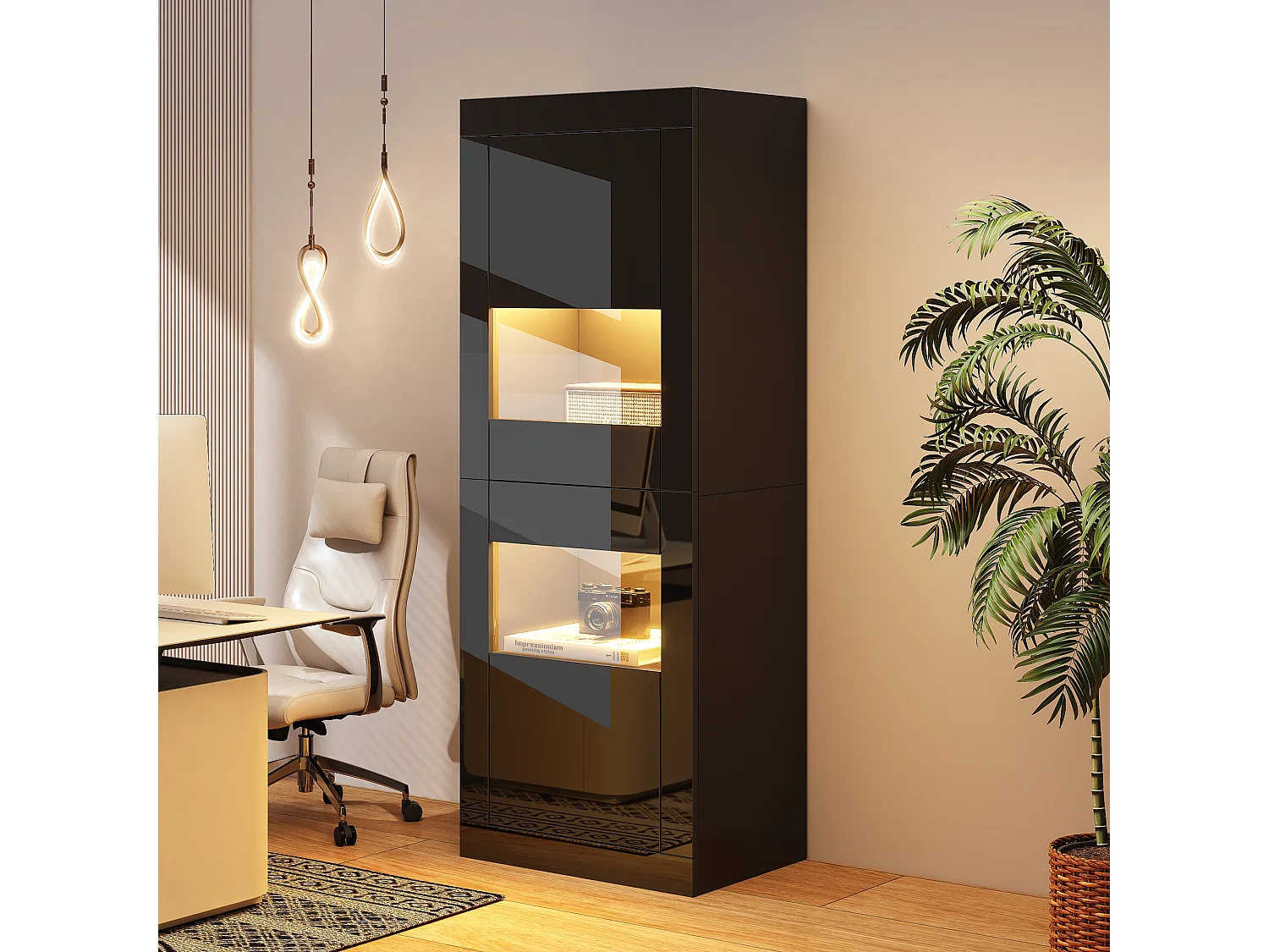 Gelakte vitrinekast met LED-verlichting + 1 glazen plank + deur - 61 x 42 x 162 cm - spaanplaat - zwart