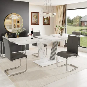 Eetkamerset (5-delig) – met uitschuifbare tafel (120-160 cm) + 4 kunstlederen stoelen – MDF – grijs + wit