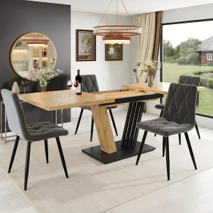 Eetkamerset (5-delig) – met uitschuifbare tafel (120-160 cm) + 4 fluwelen stoelen – MDF – grijs + naturel
