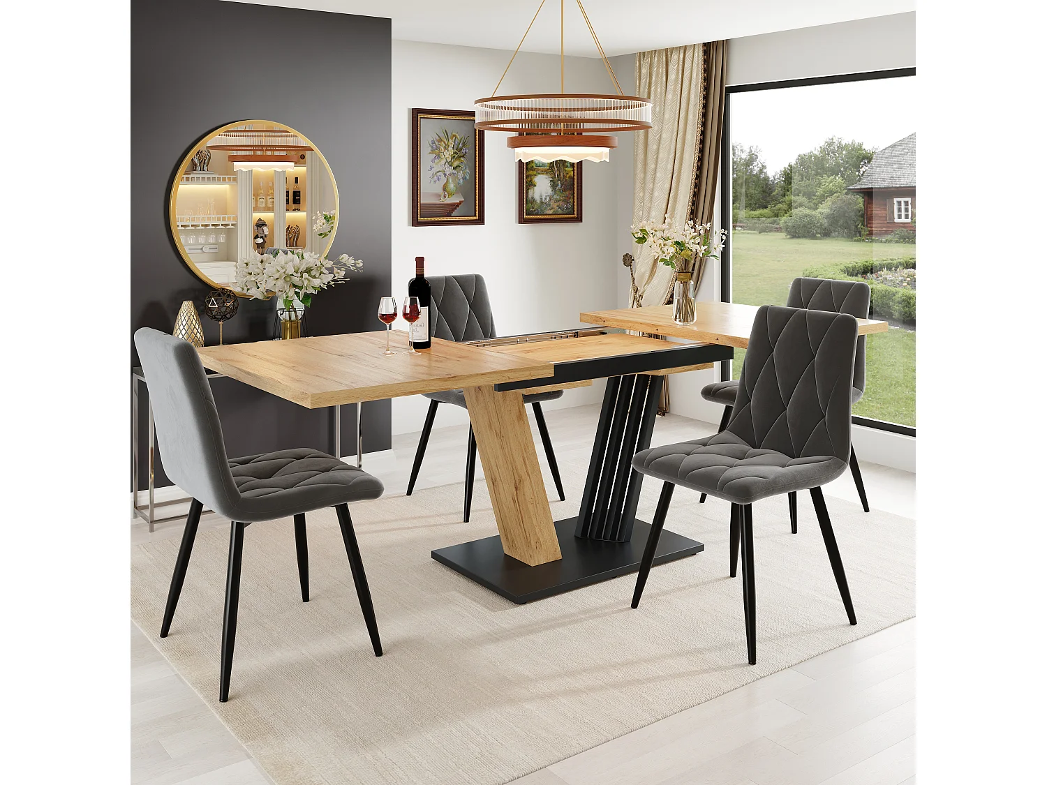 Eetkamerset (5-delig) - met uitschuifbare tafel (120-160 cm) + 4 fluwelen stoelen - MDF - grijs + naturel