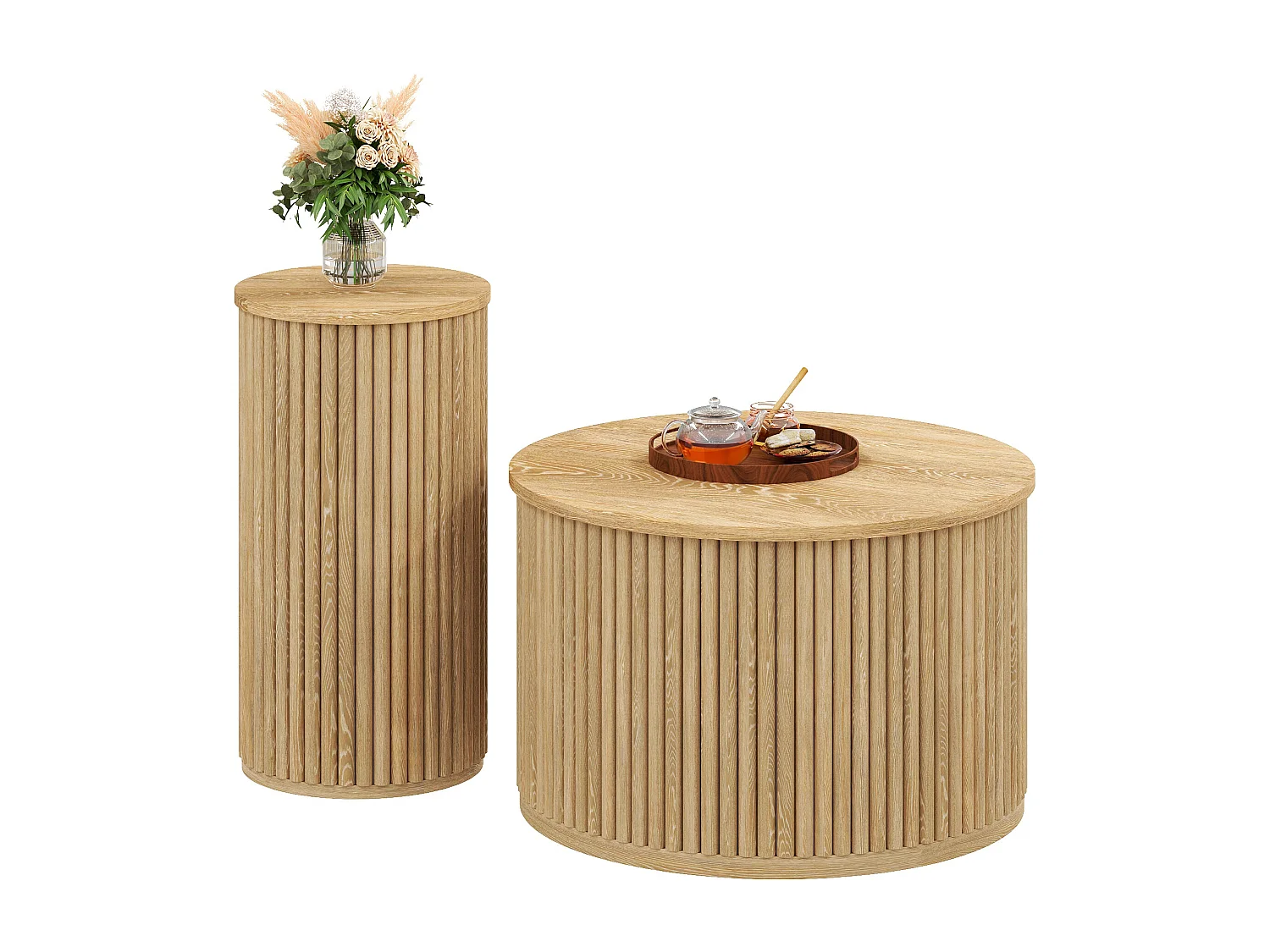 Dubbele ronde tafel - met bladen van natuurlijk hout - Salontafel - MDF - naturel