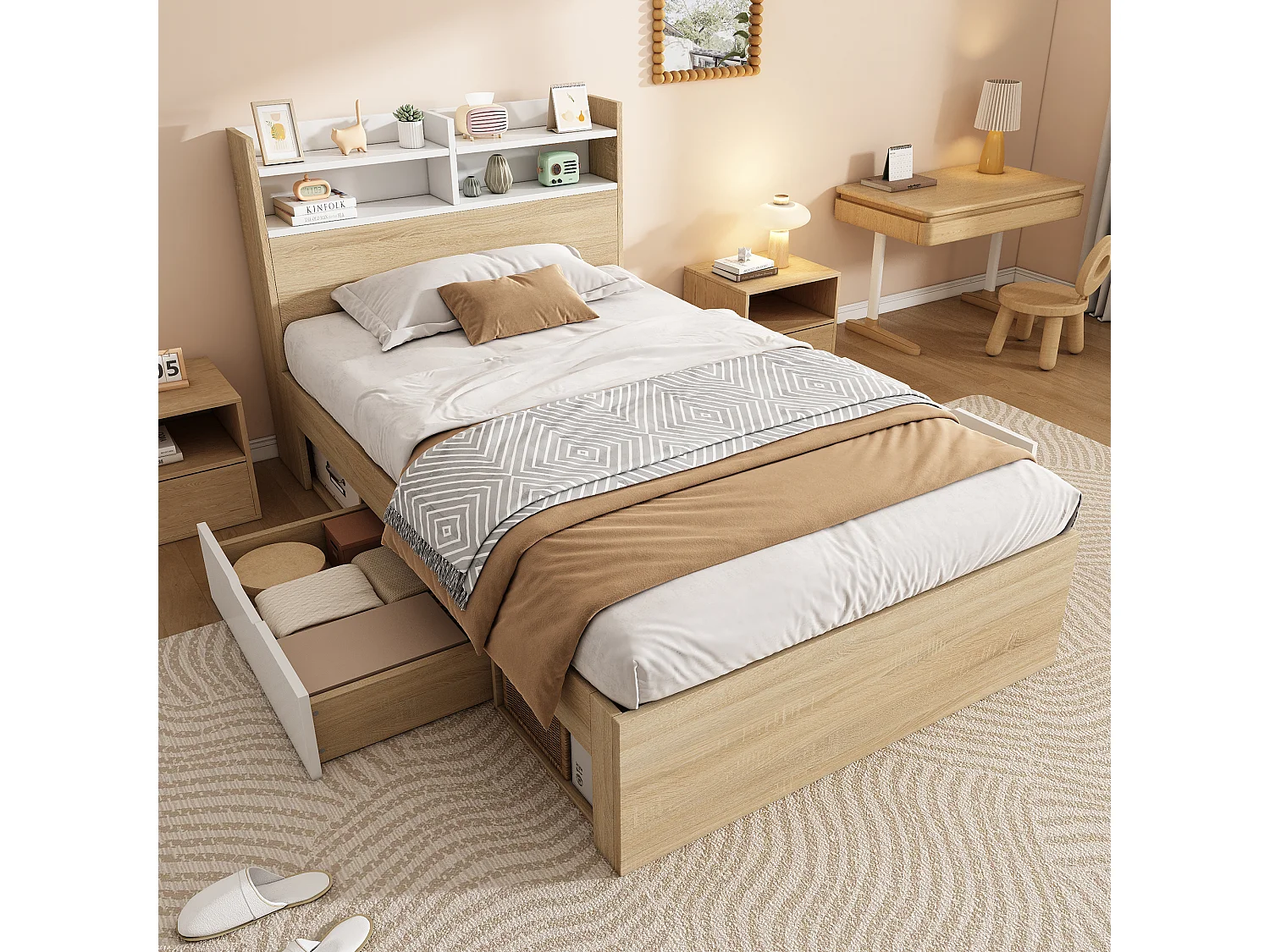 Eenpersoons houten bed - 90 x 190 cm - met opbergbaar hoofdeinde + 2 lades + open opbergruimte - hout - naturel + wit