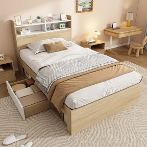 Eenpersoons houten bed – 90 x 200 cm – met opbergbaar hoofdeinde + 2 lades + open opbergruimte – hout – naturel + wit Eenpersoons houten bed – 90 x 200 cm – met opbergbaar hoofdeinde + 2 lades + open opbergruimte – hout – naturel + wit