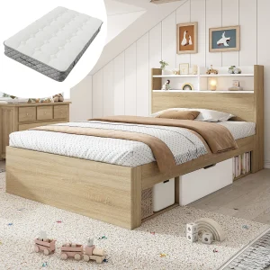 Eenpersoons houten bed – 90 x 200 cm – met hoofdeinde, opbergvakken, 2 lades en open planken – hout – naturel en wit (inclusief matras) Eenpersoons houten bed – 90 x 200 cm – met hoofdeinde, opbergvakken, 2 lades en open planken – hout – naturel en wit (inclusief matras)