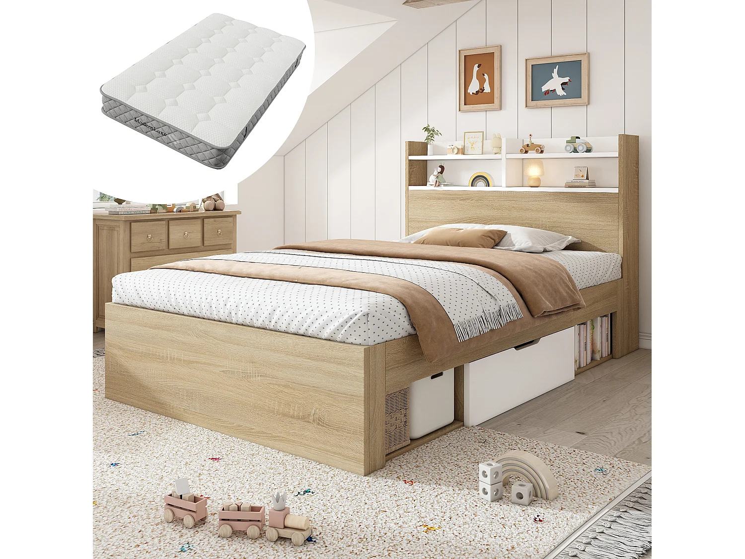 Eenpersoons houten bed - 90 x 200 cm - met hoofdeinde, opbergvakken, 2 lades en open planken - hout - naturel en wit (inclusief matras)
