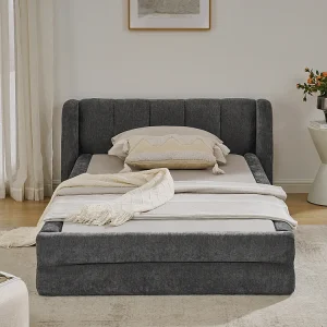 Eenpersoonsbed 90 × 200 cm, huidvriendelijke chenille stof, comfortabele rugleuning, donkergrijs (matras niet inbegrepen)