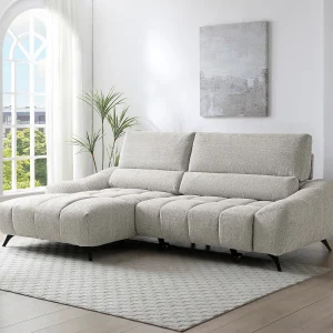 Linker hoekbank met relaxfunctie en verschuifbare zitting in beige stof ELOSIA Linker hoekbank met relaxfunctie en verschuifbare zitting in beige stof ELOSIA
