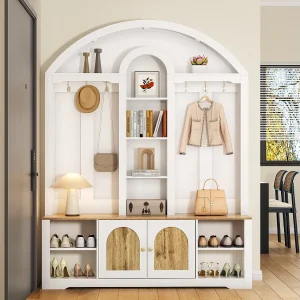 Gangkast/deurkast met schoenenrek + planken + haken + 2 deuren – 150 x 40 x 195 cm – MDF – wit Gangkast/deurkast met schoenenrek + planken + haken + 2 deuren – 150 x 40 x 195 cm – MDF – wit
