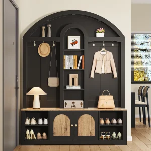 Gangkast/deurkast met schoenenrek + planken + haken + 2 deuren – 150 x 40 x 195 cm – MDF – zwart Gangkast/deurkast met schoenenrek + planken + haken + 2 deuren – 150 x 40 x 195 cm – MDF – zwart