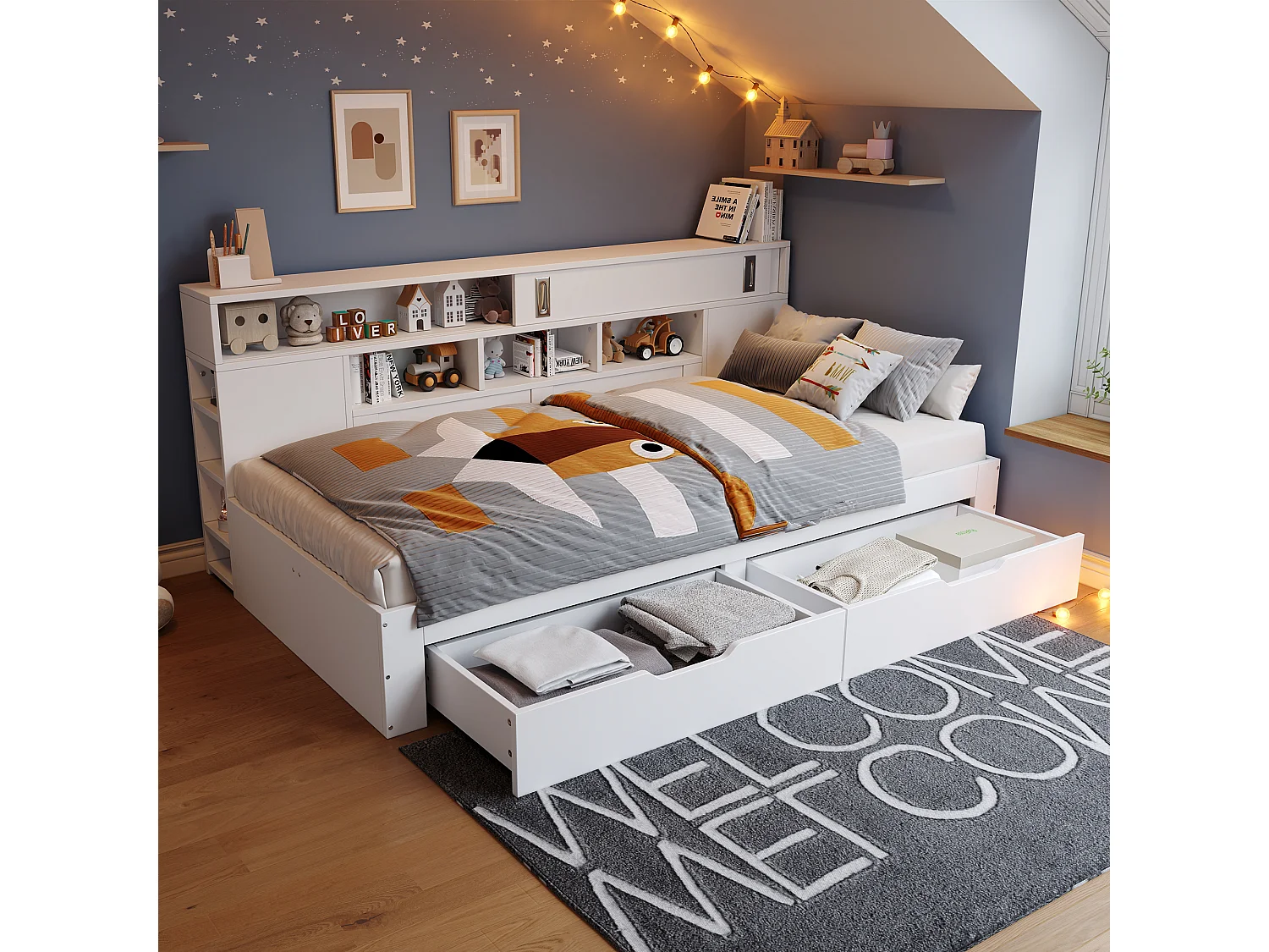 Eenpersoons slaapbank voor kinderen - 90 x 190 cm - met lades + plank en opbergkast - MDF - wit