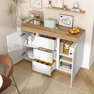 Dressoir met 3 lades en 2 deuren – Houtkleurig blad – Wit Dressoir met 3 lades en 2 deuren – Houtkleurig blad – Wit
