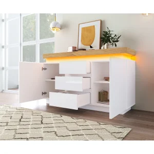 Dressoir met LED-verlichting, 3 lades en 2 deuren – Glanzende afwerking – Wit en naturel