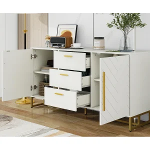 Dressoir met 2 deuren en 3 lades – V-vormig patroon – Wit en goud Dressoir met 2 deuren en 3 lades – V-vormig patroon – Wit en goud