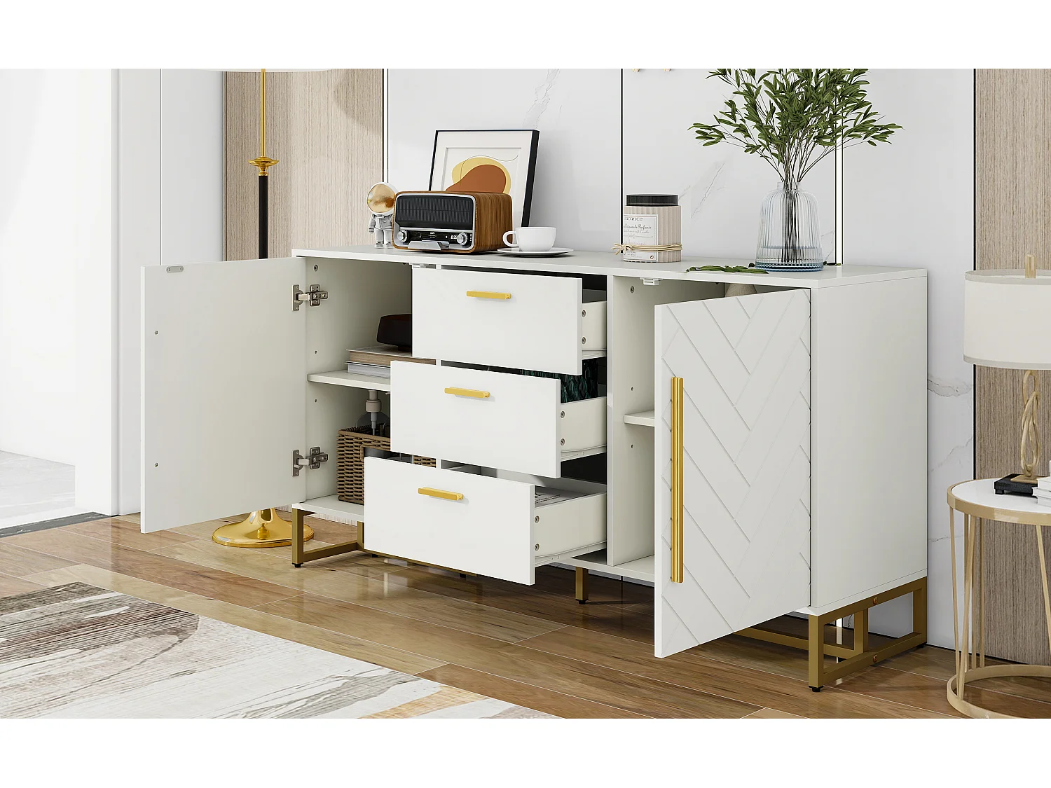 Dressoir met 2 deuren en 3 lades - V-vormig patroon - Wit en goud
