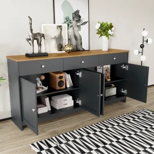 Dressoir van grijszwart geaderd hout met 4 deuren en 3 laden – MDF-hout